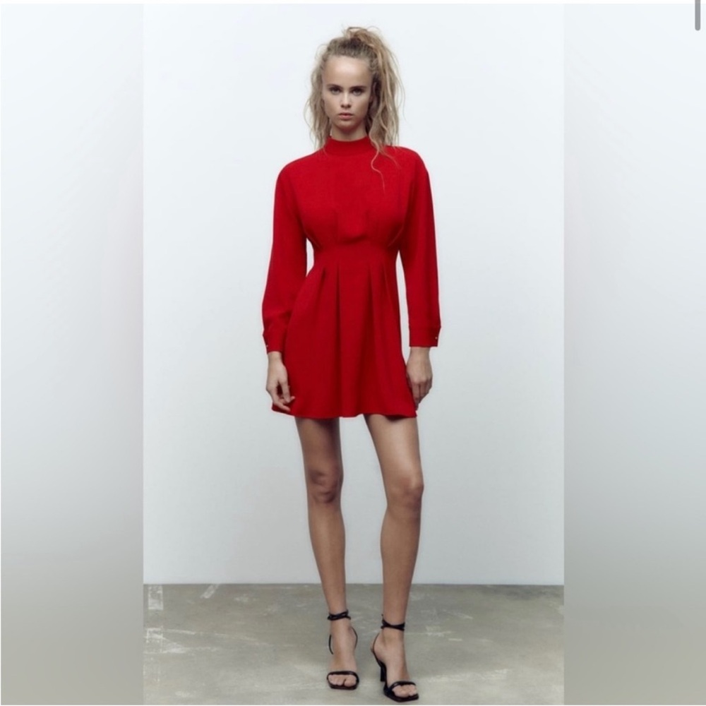 Zara Candy Apple Red Long Sleeve mini Dress